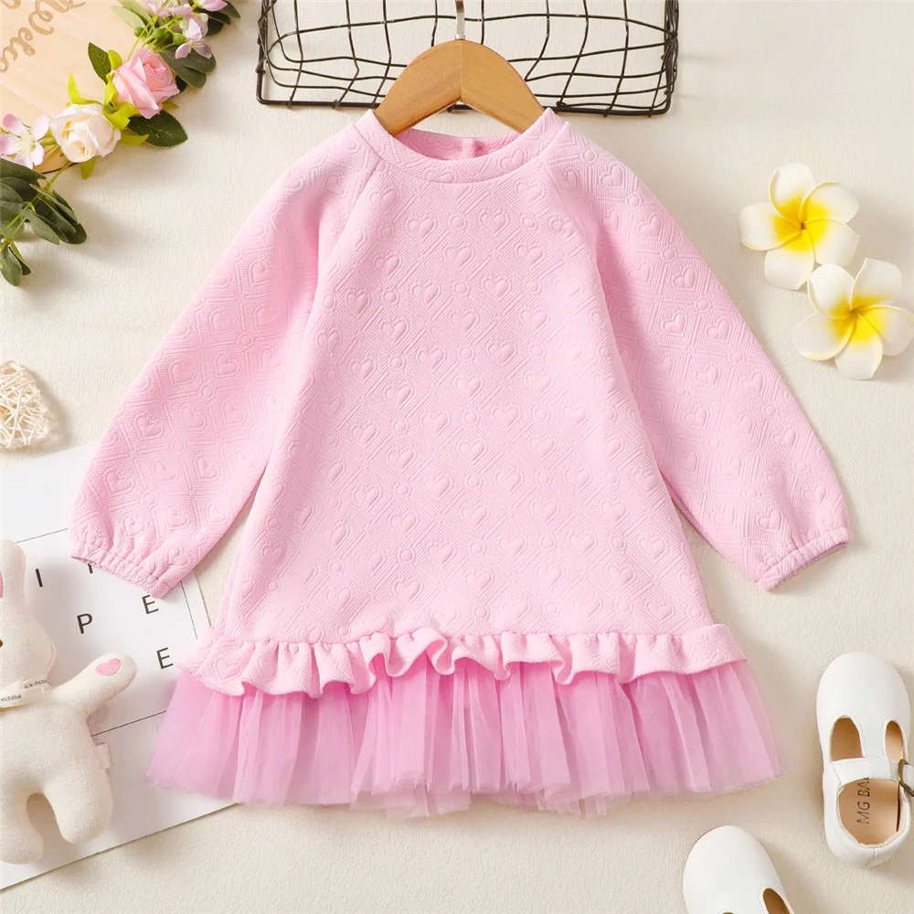 1-6 Years Children Girl Embossed Hearts Autumn Winter Long Sleeve Dress Pink Patchwork Mesh Princess Dress Birthday Party Outfit