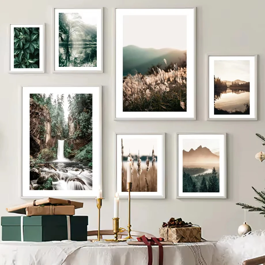 Natural Scenery Wall Art Canvas Painting Fog Lake Forest Waterfall Sunshine Grass Pine Tree Poster Home Decoration Picture Room