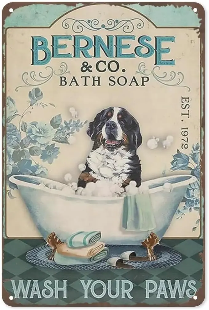 Funny BathroomTin Sign Bernese Mountain Dog Bath Soap Wash your paws Vintage Aluminum Sign for Home Toilet Restaurant Kitchen Ba