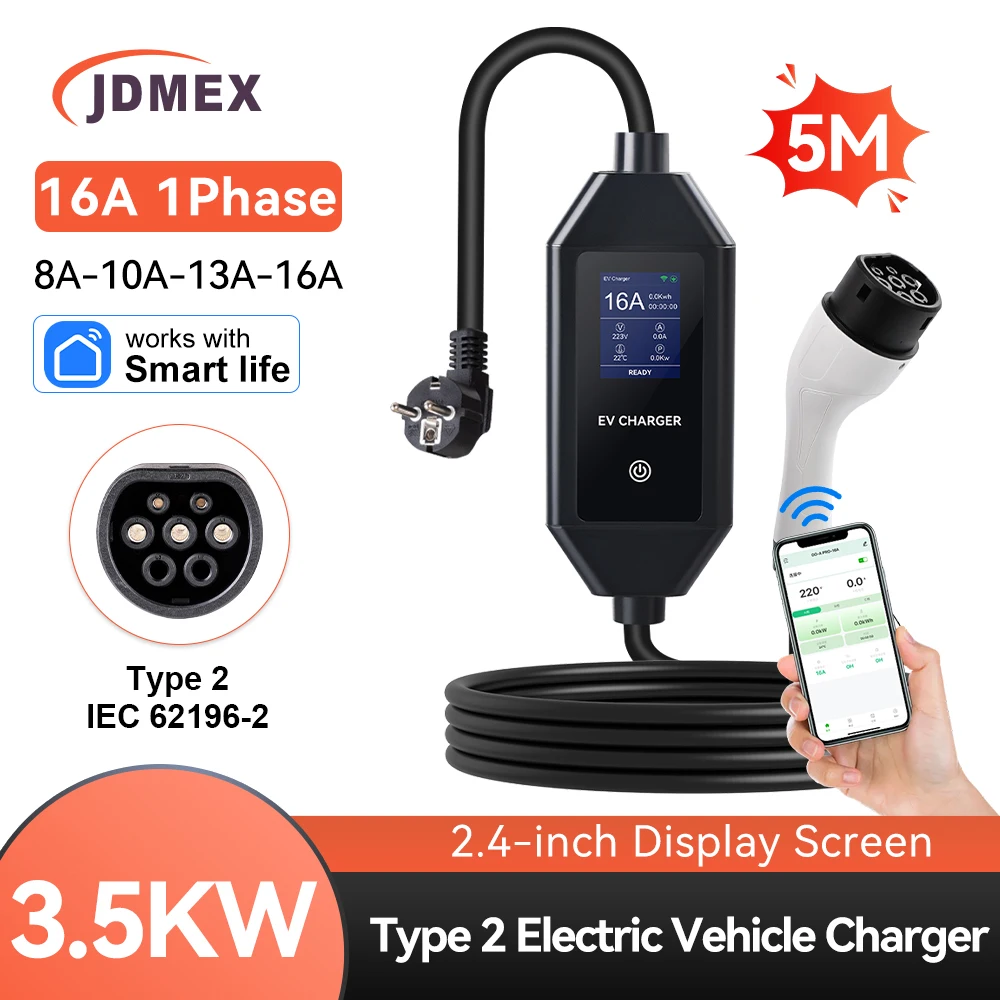 JDMEX 3.5KW Type2 Portable EV Charger 5M Cable IEC62196-2 16A EVSE Charging With APP Control 8A-10A-13A-16A Adjustable Current
