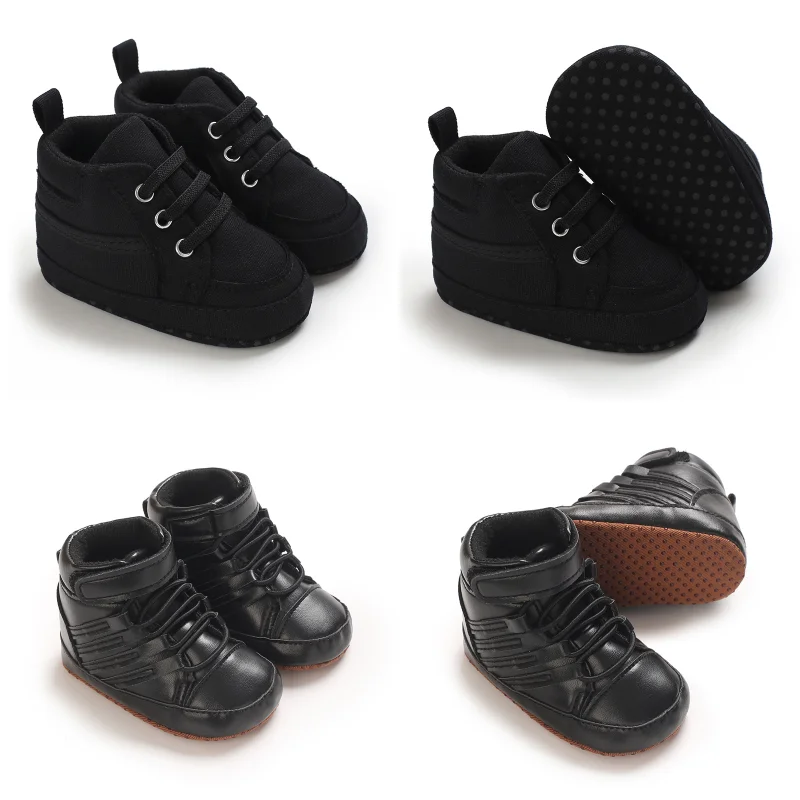 Baby Shoes Baby Learning Walk Shoes 0‑1 Years Black High Top Lace-up Sneakers, Soft Crib Shoes Casual Sports Shoes for Boys
