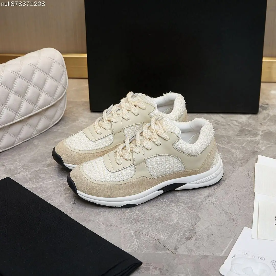 Unisex Beige Tweed Suede Leather Splicing Sneakers Lace‑Up Thick Sole Casual Sports Shoes for Men Women