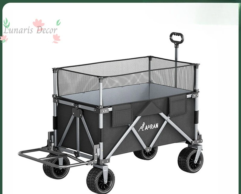 Foldable heightening camping cart, trailer model, outdoor hand push picnic cart, camp tie rod