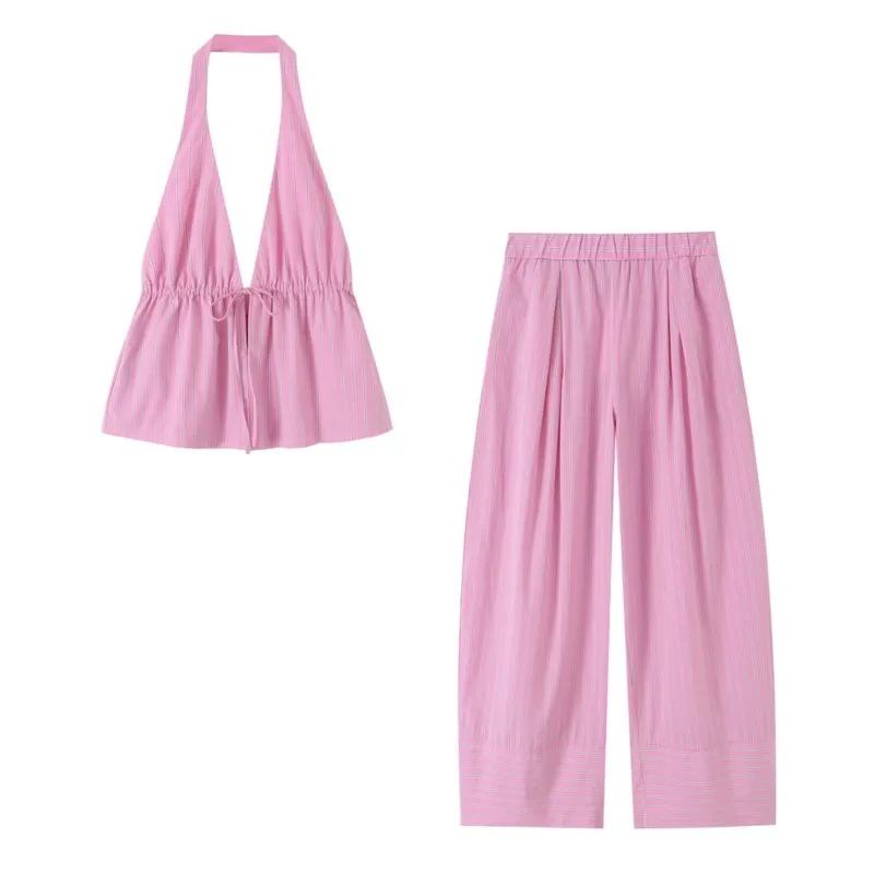 Women's Striped Pnats Set 2 Piece New 2026 Summer Halter V-Neck Top Mid-Wasit Wide Leg Trousers Two Piece Set Women Outfit