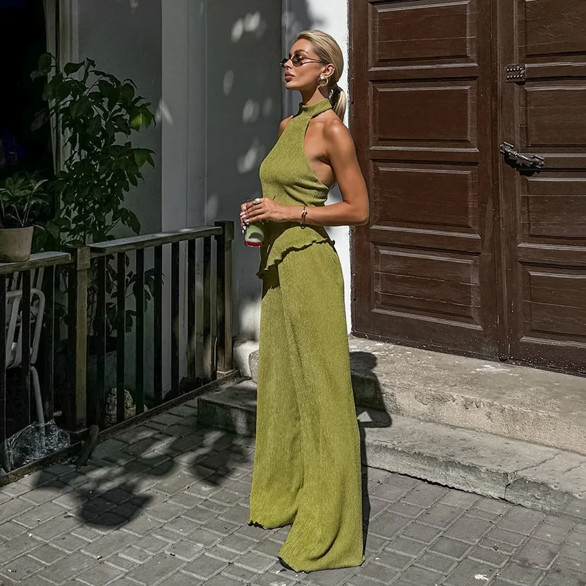 2026 Spring/Summer Designer Green Sleeveless Halter Neck Tank Top Wide-Leg Pants Two-Piece Fashion Set For European And American