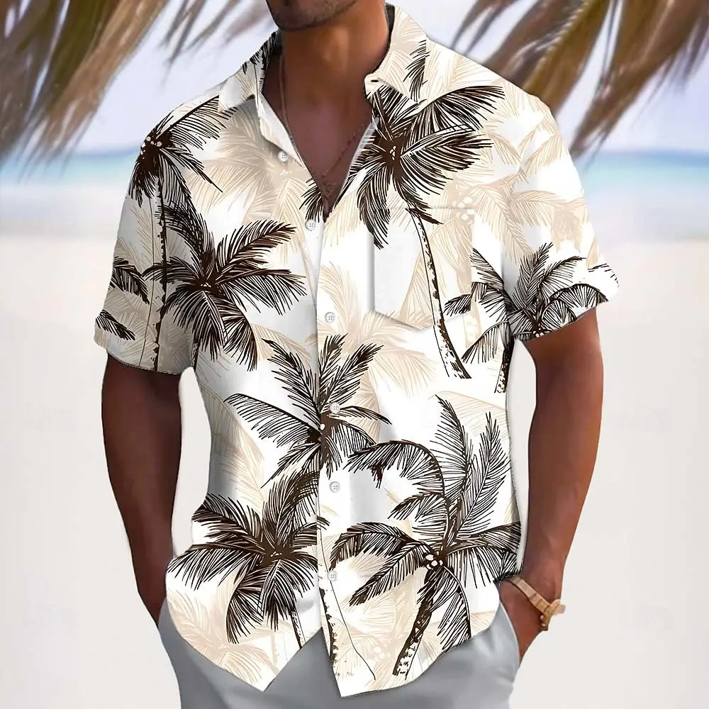 2026 Fashion Men's Coconut Tree Tropical Plants Summer Hawaiian Shirt Button Up Shirt Aloha Shirt Short Sleeve Front One Pocket