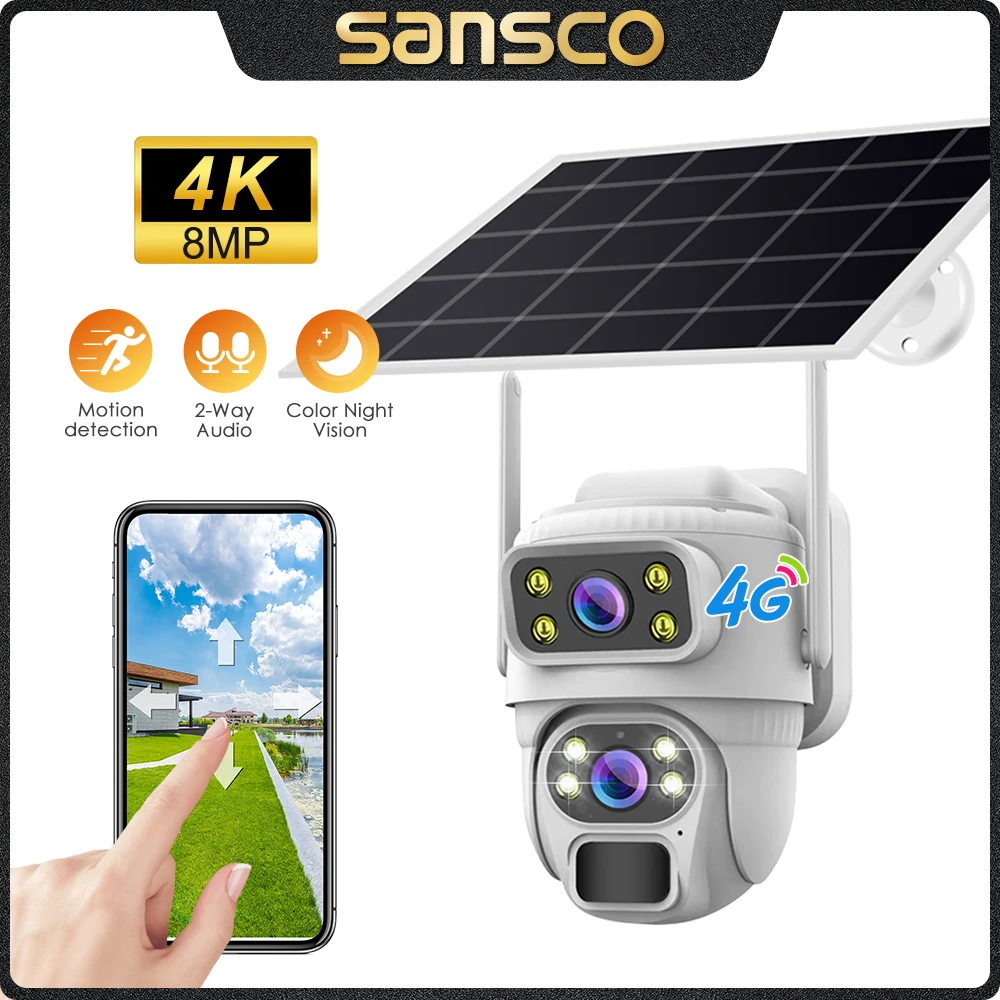 SANSCO 4K 8MP 4G Dual Lens WIFI Solar Camera Dual Screen Battery PIR Motion Detection Outdoor PTZ 2K Security IP Camera V380 PRO