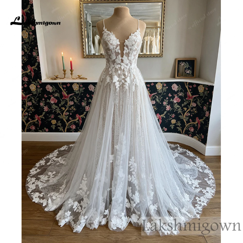 Lakshmigown Beach Bohemian Hochzeitskleider für die Braut 3D-Blumen-Spitzenapplikation Illusion Tiefer Rücken Tüll-Brautkleid Maßanfertigung – Detail 5