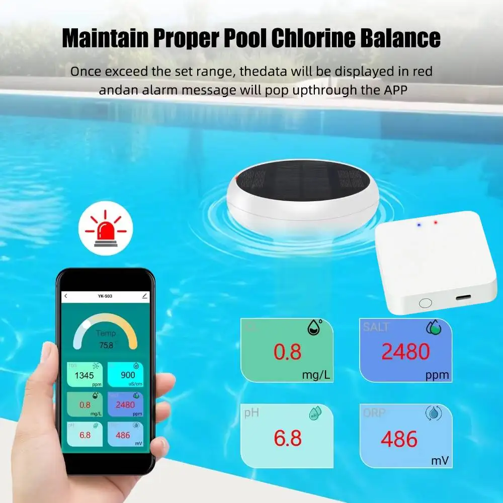 Solar Floating Swimming Pool Water Quality Tester For Tuya ZigBee Chlorin Meter 7 in 1 PH/ORP/EC/TDS/Salt/Temp/CL Tester For Spa