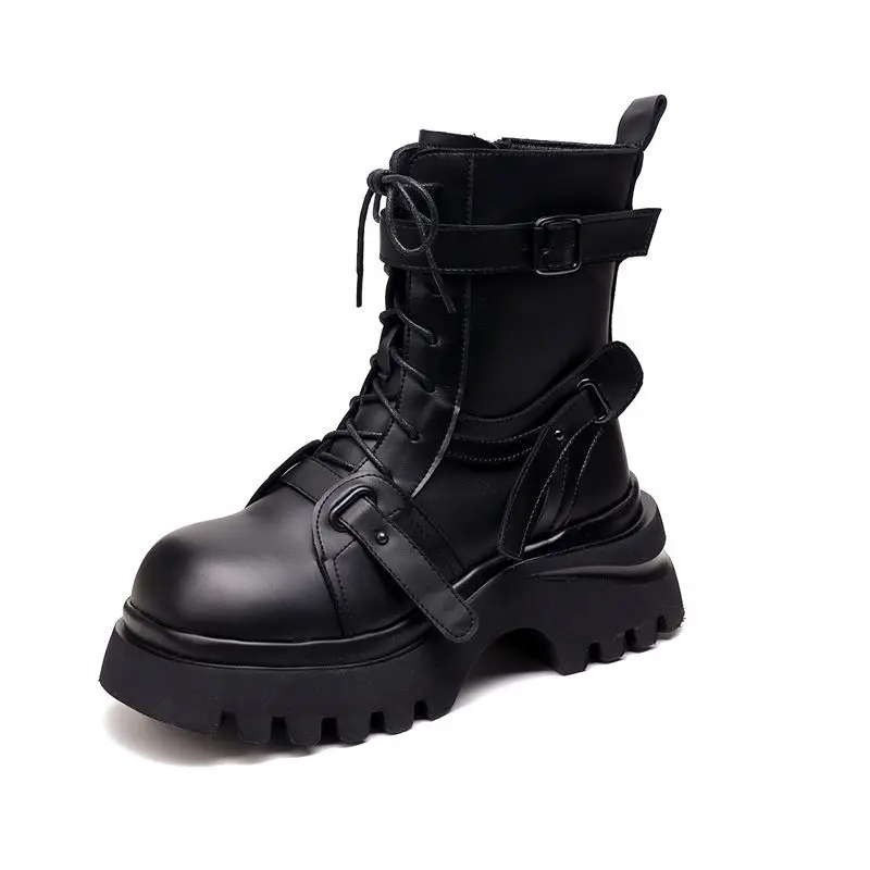

2025 Foreign Style Big Head Women's New Soft Leather Thick-soled Muffin Heightening Small Locomotive Internet Celebrity Boots