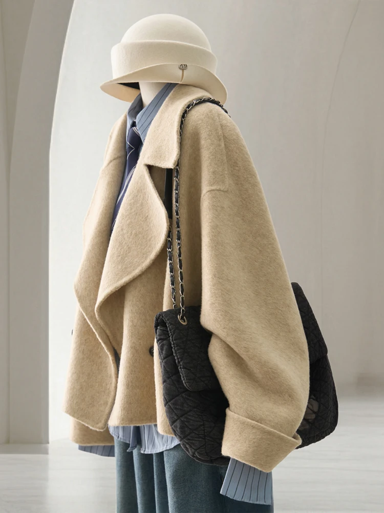 Women's Loose Fit Double Face Wool Coat Beige Oversized Lapel Button Winter Warm Outerwear for Casual Elegant Look