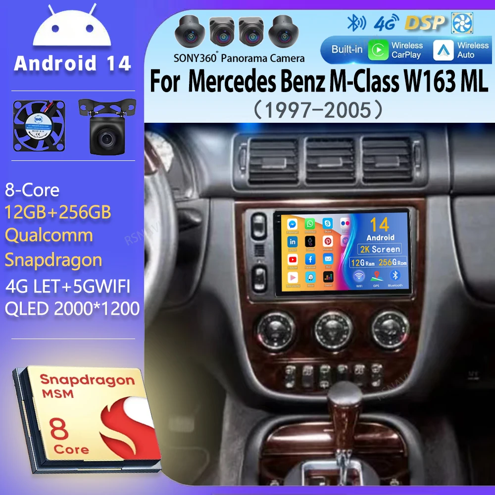 Android 14 Car Radio For Mercedes Benz M-Class W163 ML 1997 - 2005 Navigation Multimedia Player Stereo WiFi+4G Video Carplay GPS