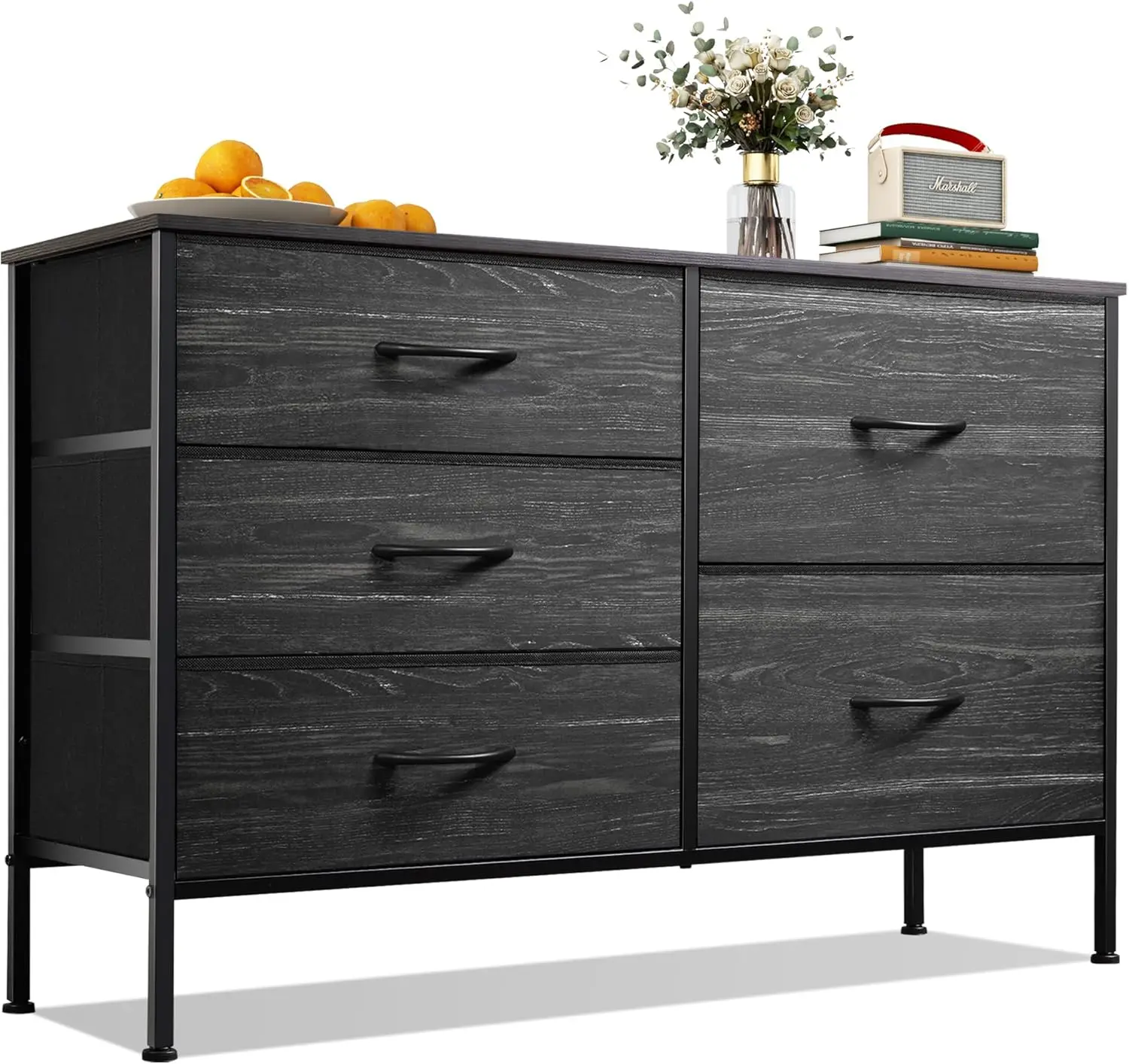 

Dresser for Bedroom with 5 Drawers,Wide Bedroom Dresser with Drawer Organizers,Chest of Drawers,Charcoal Black Wood Grain Print