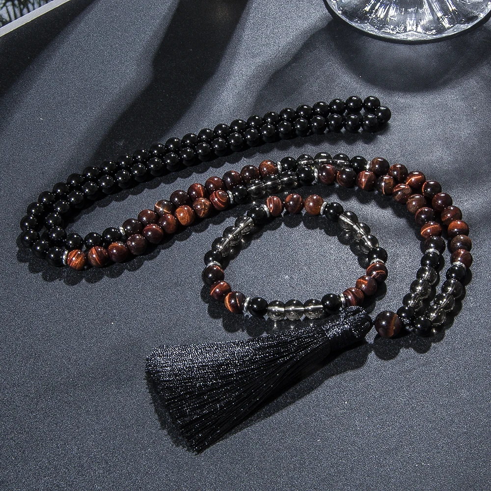 

8mm Red Tiger Eye Black Onyx 108 Mala Beaded Necklace Yoga Prayer Meditation Rosary for Men and Women Japamala Jewelry Set