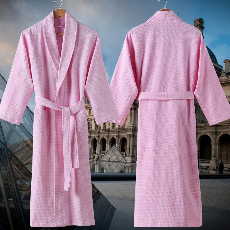 

Summer 100% Cotton Long Bath Robe Kimono Men Full Sleeve Light Weight Waffle Towel Bathrobe Sleepwear Women Dressing Gown Casual