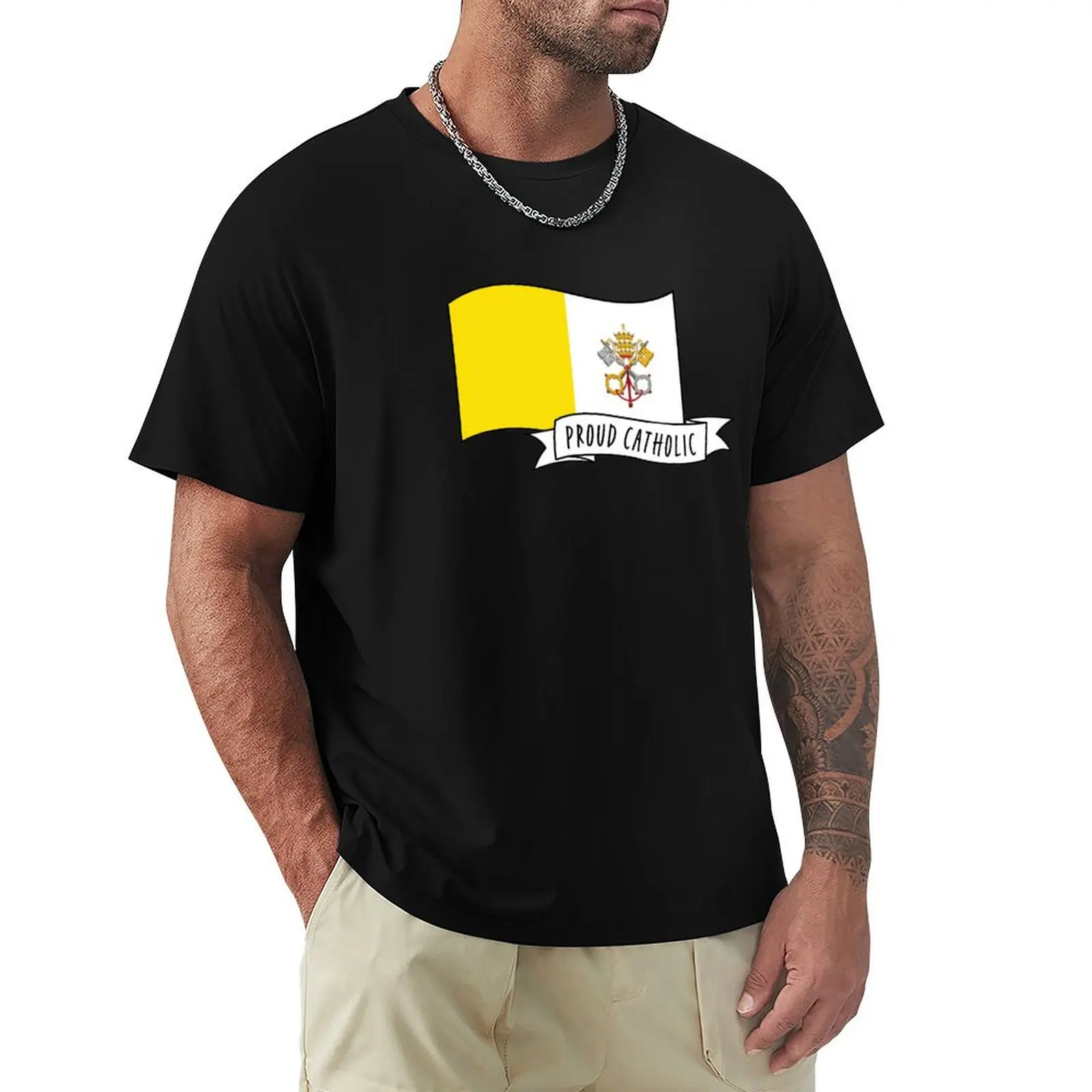 Proud Catholic: Banner and Vatican City Flag T-Shirt Work Outdoor Short Sleeve Tee