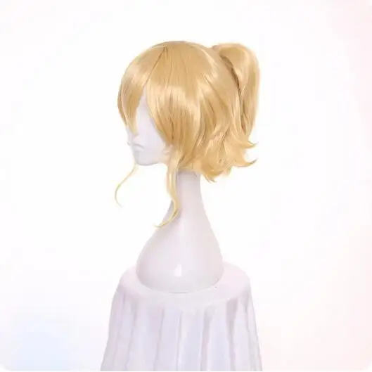 Parrucca Cosplay per capelli sintetici corti dorati da 35cm con coda di cavallo con Chip