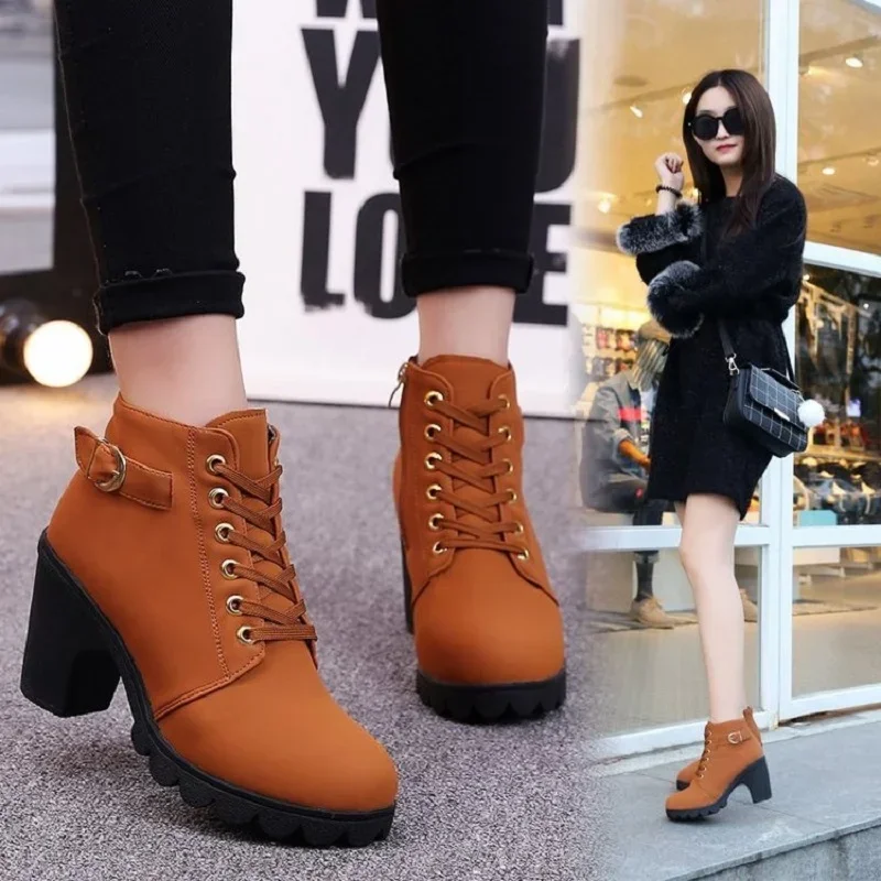 2023 New Spring Winter Women Pumps Boots High Quality Lace-up European Ladies Shoes PU High Heels Boots Fast Delivery