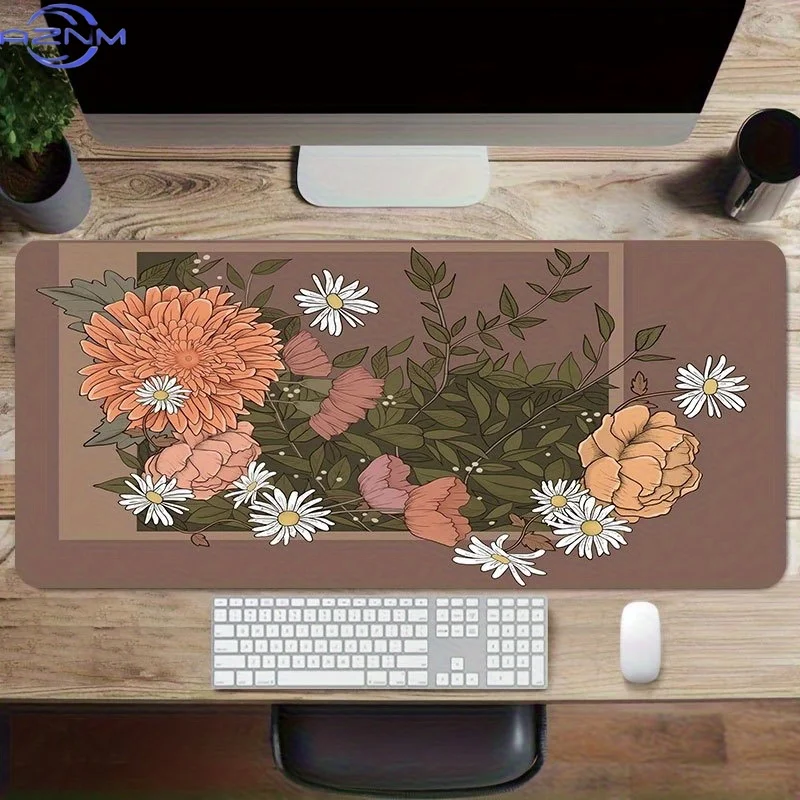 Aesthetic Stylish Mouse Pad with Floral Design,  cm Non-Slip Flower Print Desk Mat with Stitched Edges, Extended Artistic Keyboa