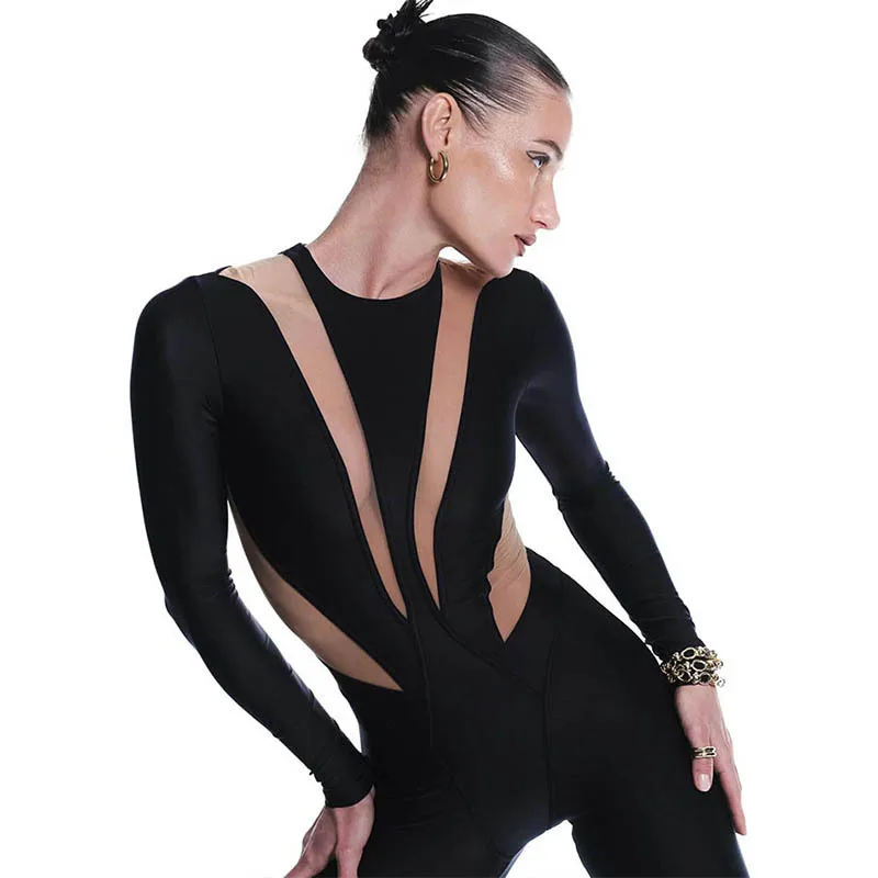 Sexy malha retalhos macacão feminino moda o pescoço manga longa magro bodysuit feminino uma peça macacão apertado streetwear