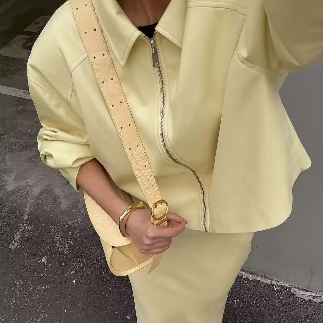 

Ранняя весна, куртка в стиле ретро, женская верхняя одежда на молнии с лацканами в американском стиле, кремово-желтый цвет, европейская мода