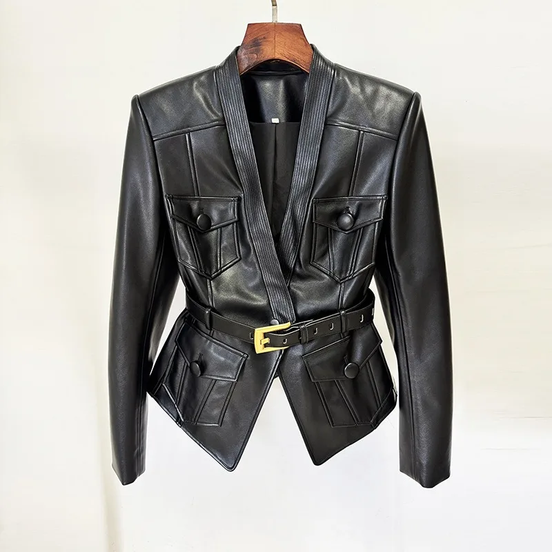 Blouse Jacket Faux Leather Women's Autumn Belted Slim-fit New Fashionable Distinctive Casual Versatile Comfortable Niche Premium