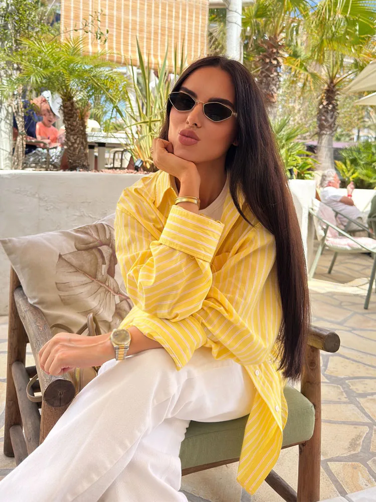

HH летние женские блузки в желтую полоску с отложным воротником и длинными рукавами, карманами, украшенными однобортными женскими повседневными рубашками