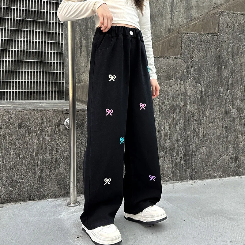 Girls\' Jeans Spring Autumn Korean Casual Bow Embroidery Denim Pants Fashion Elastic Waist Trousers For Girl New Arrival Clothes