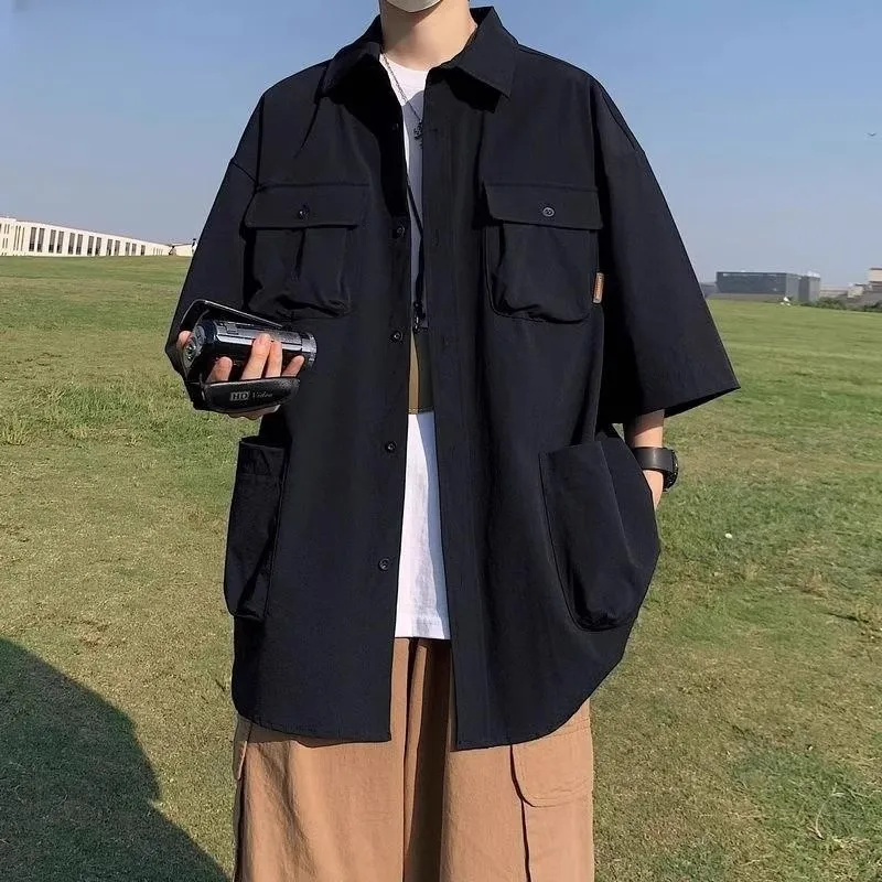 

plus Size 300 Pou Japanese Retro Workwear ort Sve irt Men's Summer Multi-ket Five Sve irt Jaet