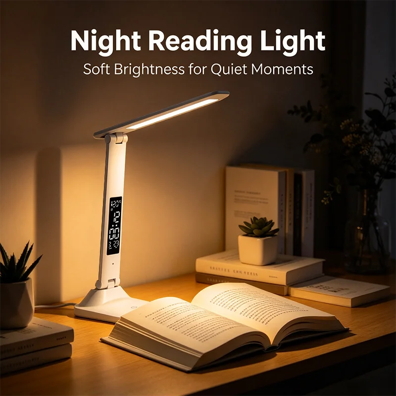 Dimmable Touch LED Desk Lamp USB Rechargeable Foldable Night Light Eye Protection with Alarm Clock & Temperature Display