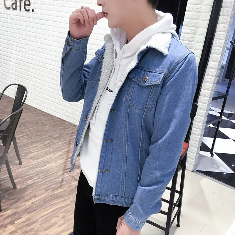 

Winter Cashmere Denim Jacket Slim And Thickened Mens Top Jeans Jacket Imitation Lamb Wool Youth Cotton Padded Cowboy Coats