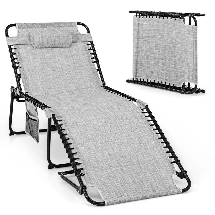 

Шезлонг для улицы, складное кресло для загара с 4 регулируемыми положениями, съемным подголовником, подставкой для ног, боковым карманом, нагрузка до 440 фунтов