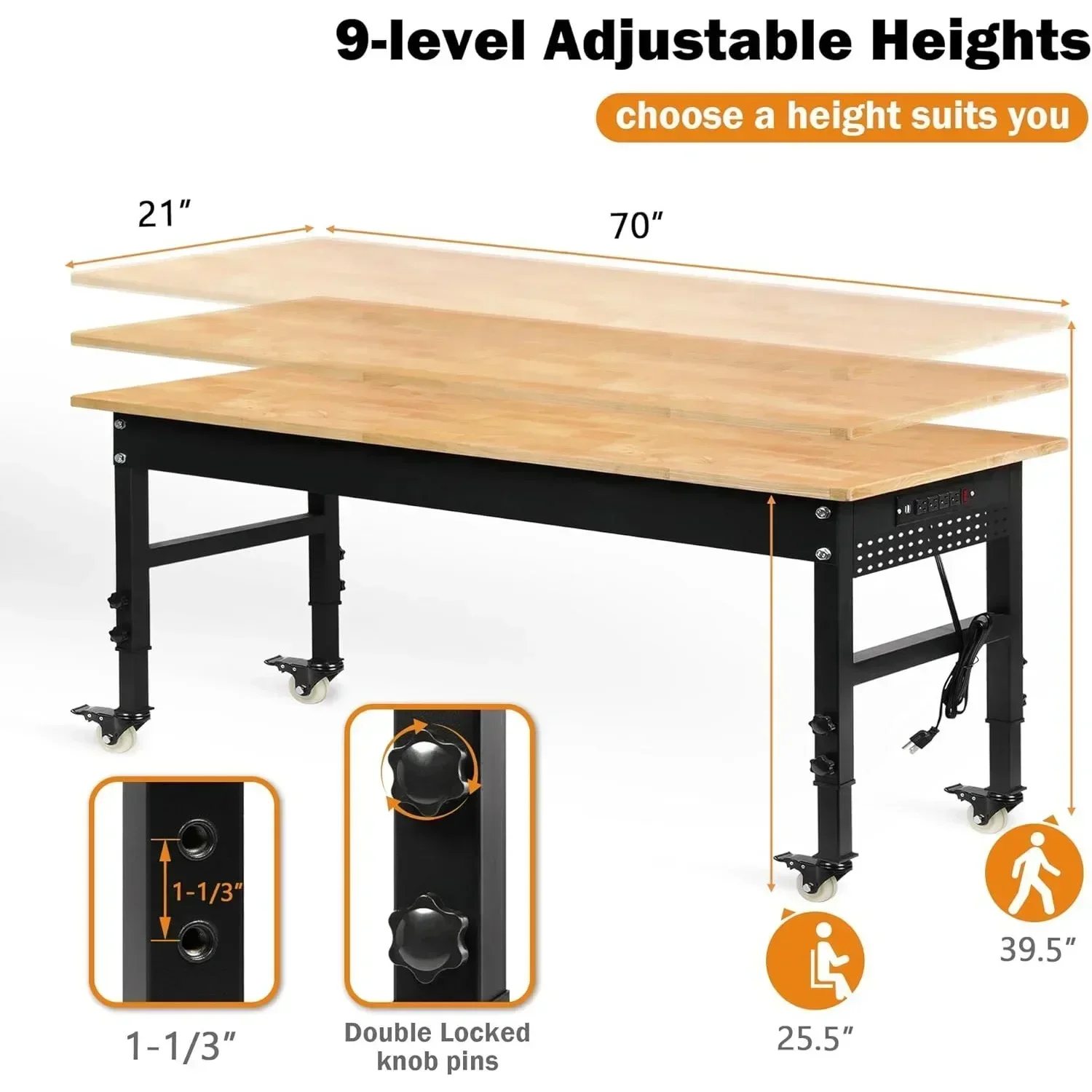 70" Adjustable Workbench on Wheels, 2000 LBS Heavy Duty Work Table with Power Outlets & Pegboard, Commercial