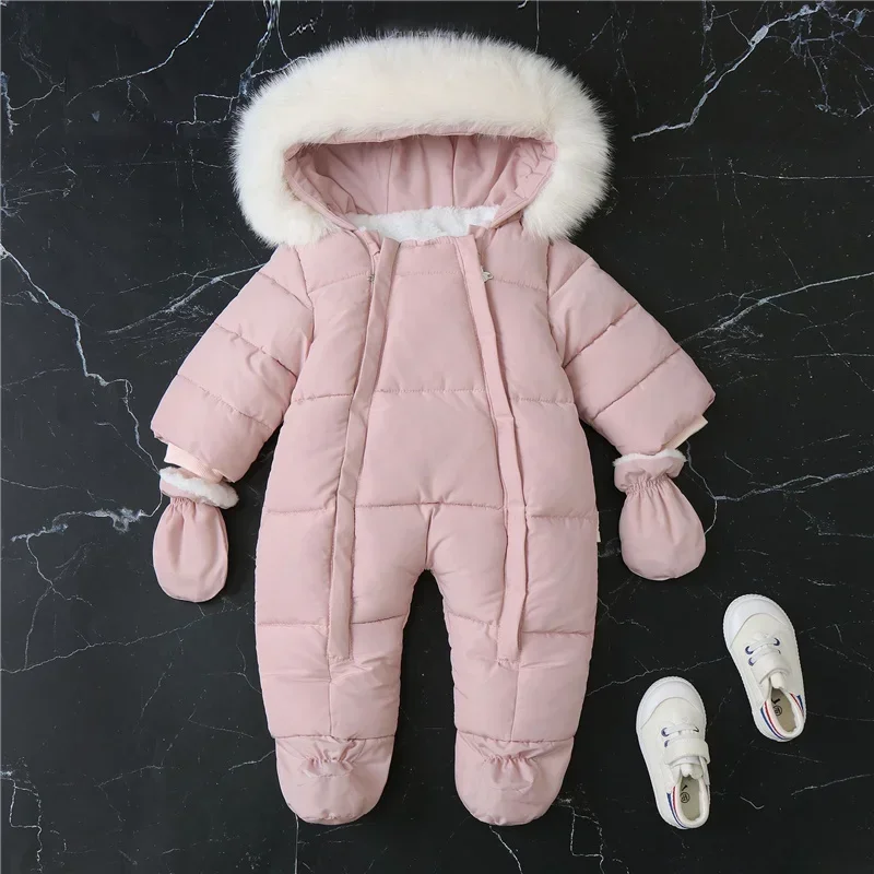 -30℃ Plus Thick Velvet Rompers Baby Padded Warm Bodysuits Clothes Winter Infant Waterproof Hooded One-Pieces Girls Boys Overalls