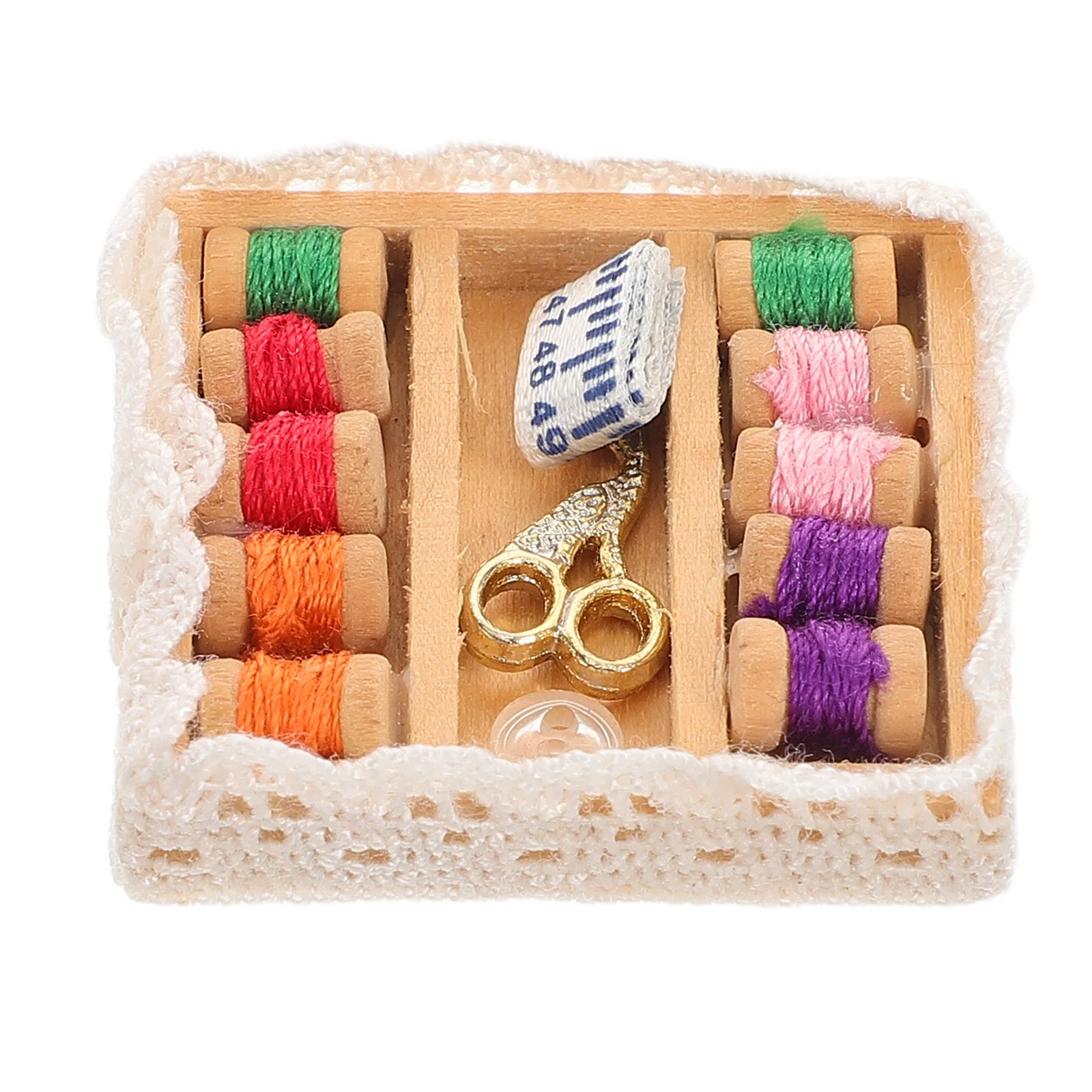 

1Set Miniature Sewing Set Realistic Wooden Dollhouse Accessories for Tiny House Decor Vintage Thread Box Kids Pretend Play Kit