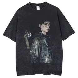 2024 Men's The Last of UsT T-shirt Harajuku Wash Vintage Ellie Portrait DTG Printed T-shirt 250G Cotton Short Sleeved Top