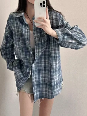 

Blue Plaid Loose Long Sve Women's irt Casual Sle Spring Autumn New Korean Version Versatile Outerwear Top