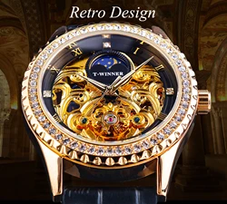 2023 Winner Brand Golden Moon Phase Design Luxury Retro Style Diamond Genuine Leather Skeleton Tourbillon Men Automatic Watches