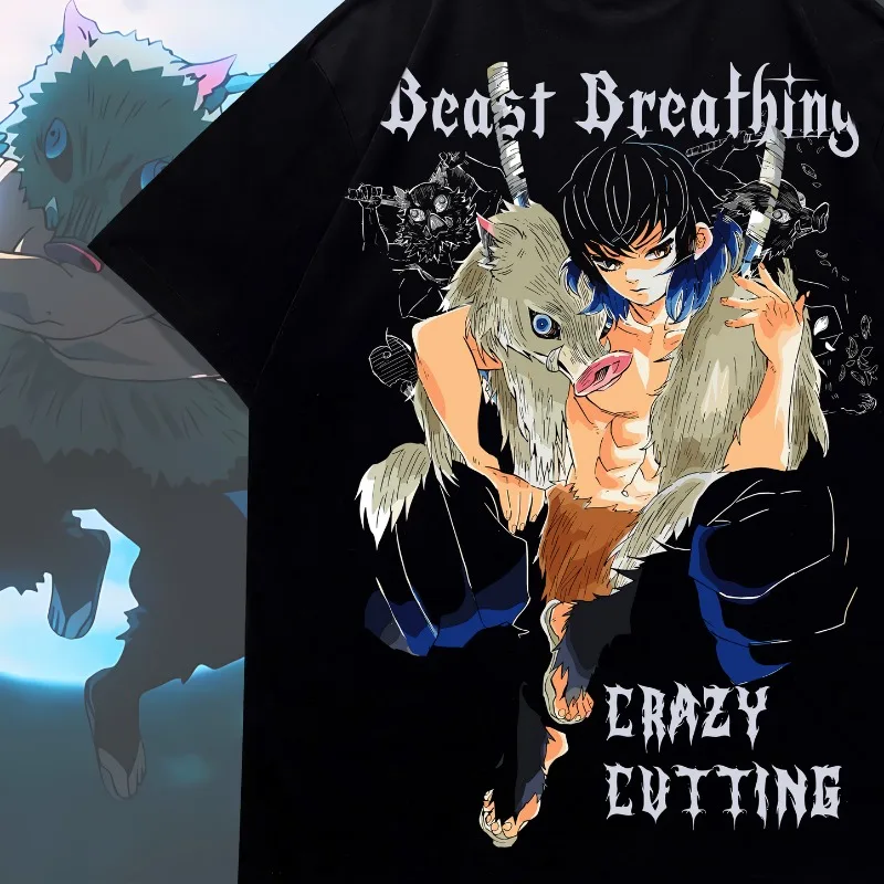 1. Blanco: camiseta de doble cara con estampado de Inosuke, personaje de «Demon Slayer», de corte amplio, camiseta blanca, con un diseño de máscara de jabalí en versión Q, de manga corta y con motivos de anime.