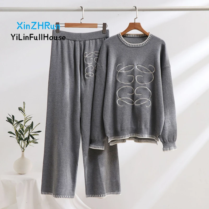 2024 Autumn Winter New Women's Fashion Round Neck Embroidered Seam Top Casual Straight Leg Pants Loose Simple Style Knitted Set