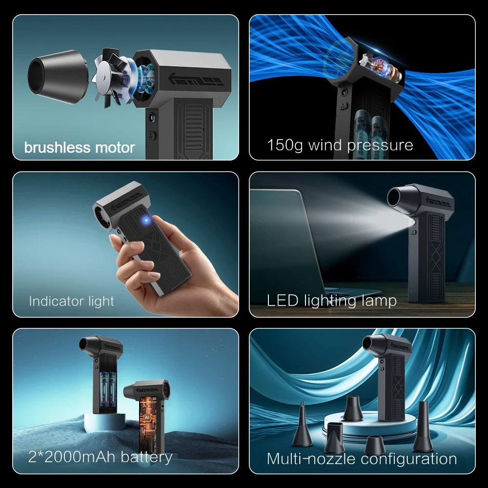 

Мощный воздуходувка 990000 об/мин, 4 скорости, регулируемая скорость, электрическая воздушная тряпка Type-C, зарядка, турбореактивный вентилятор, инструмент для очистки автомобиля/ПК