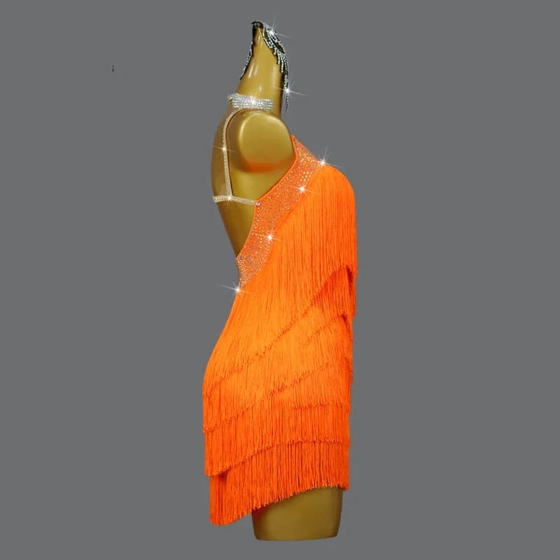 Vestido de baile latino naranja con borlas para mujer, ropa de práctica de salón de baile sexual, falda de escenario, ropa de noche, disfraz de actuación para mujer, novedad de 2024