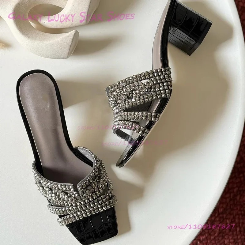 

Black Embossed Leather Crystal Strappy Striped Slides Women Low Chunky Heel White Weave Square Sandals Gold Leather Hollow Shoes