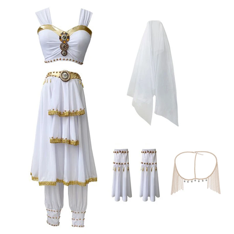 

Halloween Birthday Party Egyptian Queen Costume Nefertiti Cosplay Fantasy Outfit 5PCS Set (Top Bloomers Sleeves Veils Headpiece)