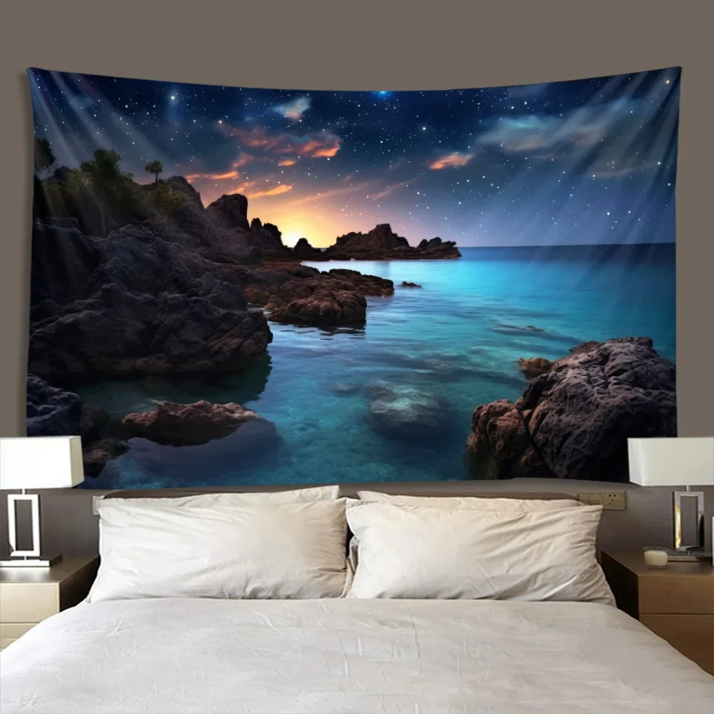 Aesthetic Starry Sky Sea Night Scene Tapestry Wall Hanging Cloth with Waves Sunrise Sunset Fairy Tale Carpet for Home Decor