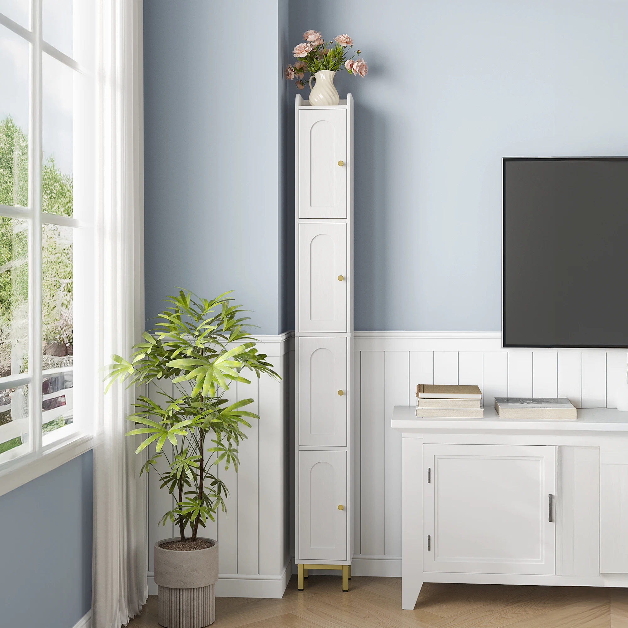 Armario de Baño Alto Hzuaneri con 4 Puertas, Armario de Baño Delgado, Estrecho y Alto, con Estantes Ajustables, para Sala de Estar, Dormitorio