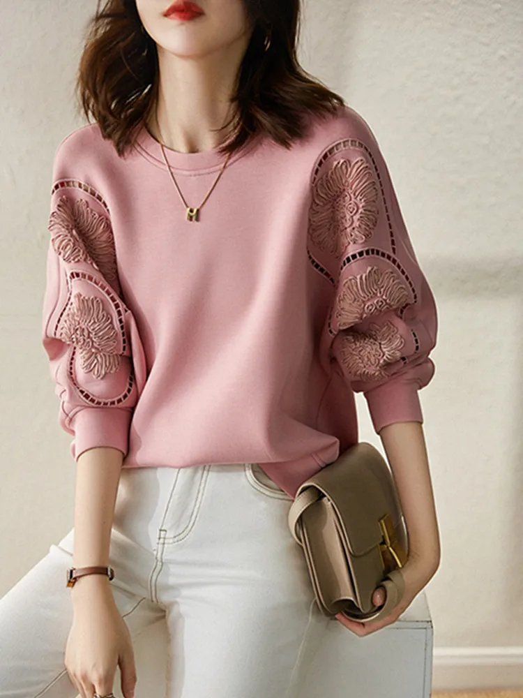 Felpa da donna europea Sle Jaet Primavera Autunno Vestibilità ampia ricamata Scava fuori Lungo Sve rotondo Ne Color