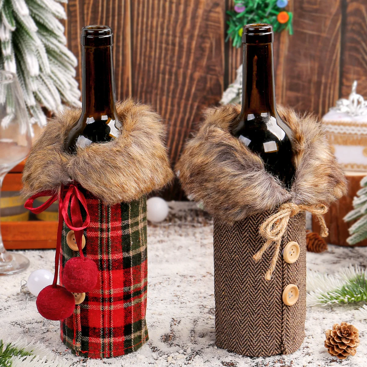 Christmas Table Wine Bottle Cover Bag Plaid Skirt Wine Bottle Dress 2027 Home Decoration For Christmas Party XMAS Ornaments
