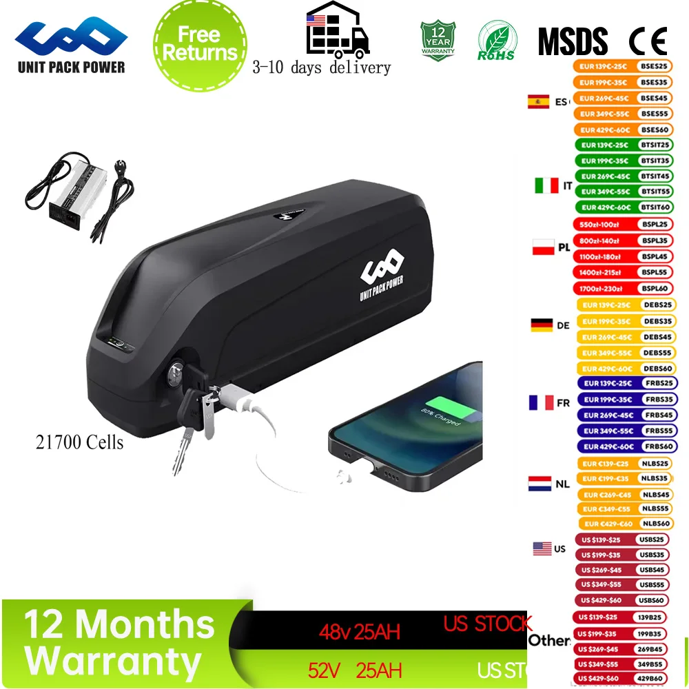 

5PINS Hailong EBike Аккумулятор 21700 ячеек 36 В 24 Ач 48 В 20 Ач 52 В 13 Ач 14.4 Ач 40 А BMS 18650 для электрического велосипеда 1000 Вт 750 Вт
