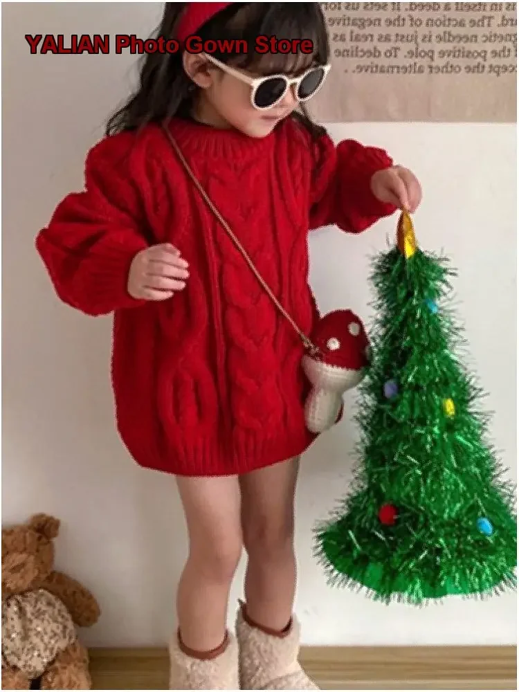 Girls Sweater Little Kids Autumn Winter Cable Knit Top Solid Color Thickened Warm Festive New Year